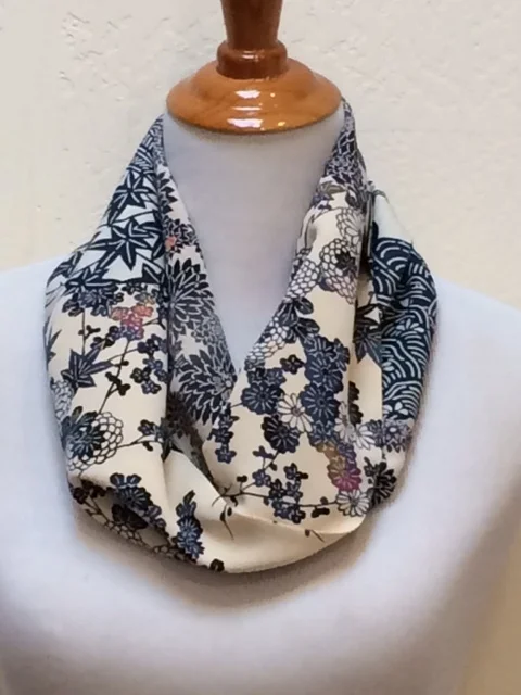 Blue and White Floral Silk Infinity Scarf