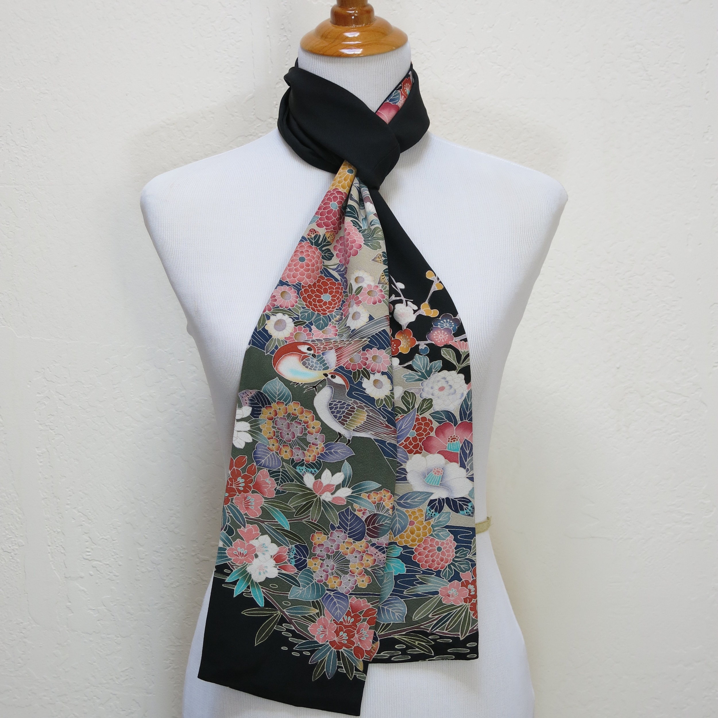 Black with Birds Straight Silk Scarf