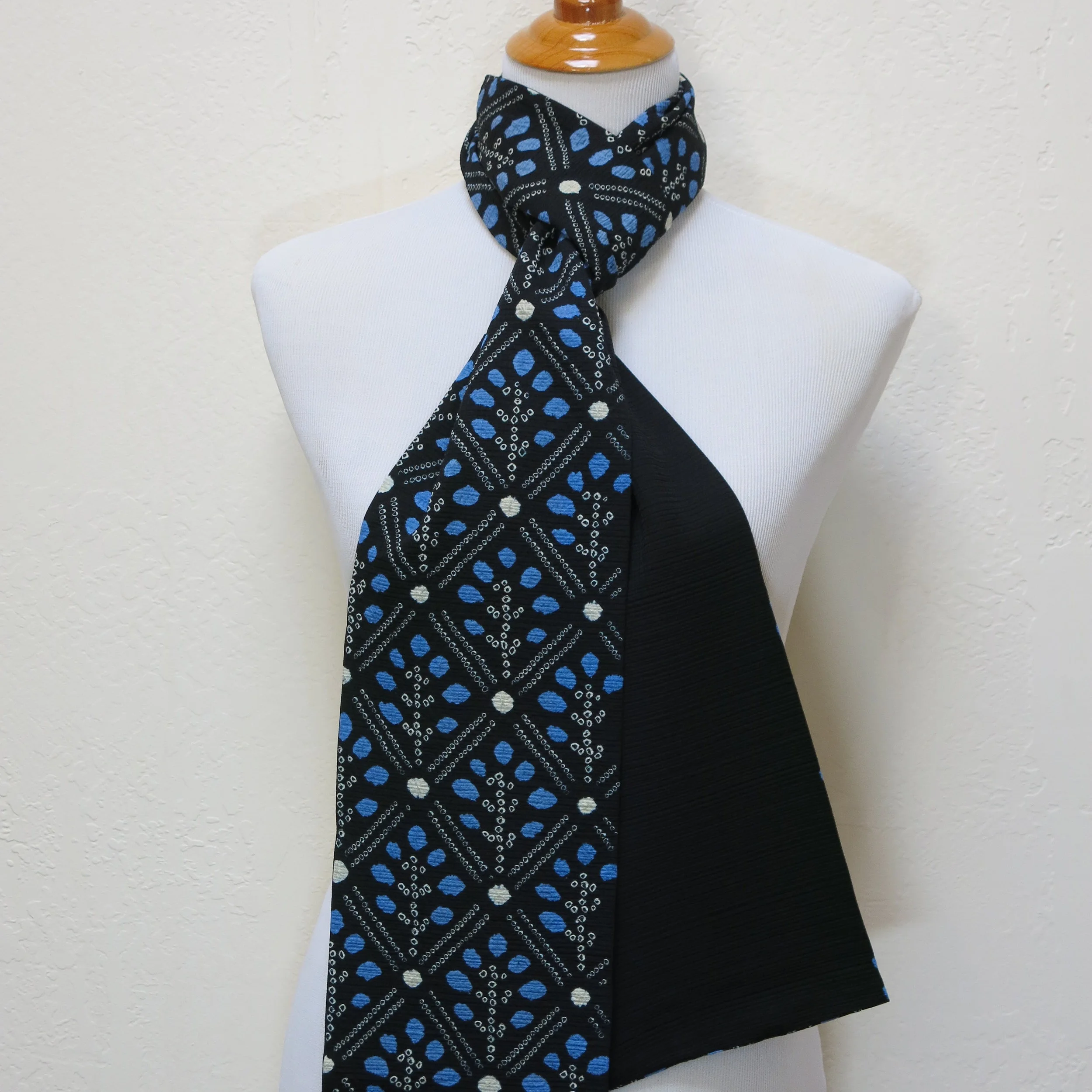 Black with Blue Flower Shibori Straight Silk Scarf
