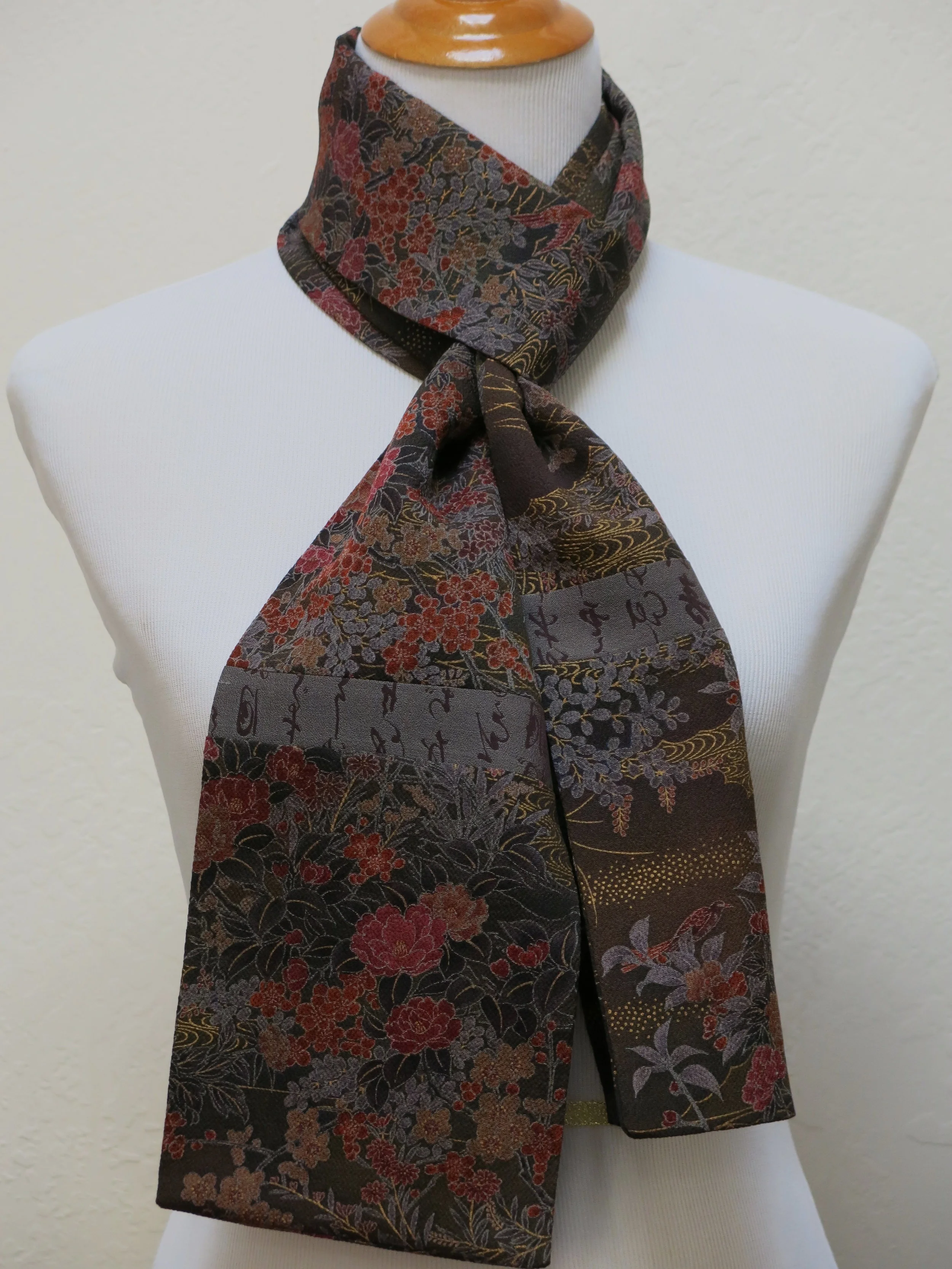 Dark Brown Floral Straight Silk Scarf