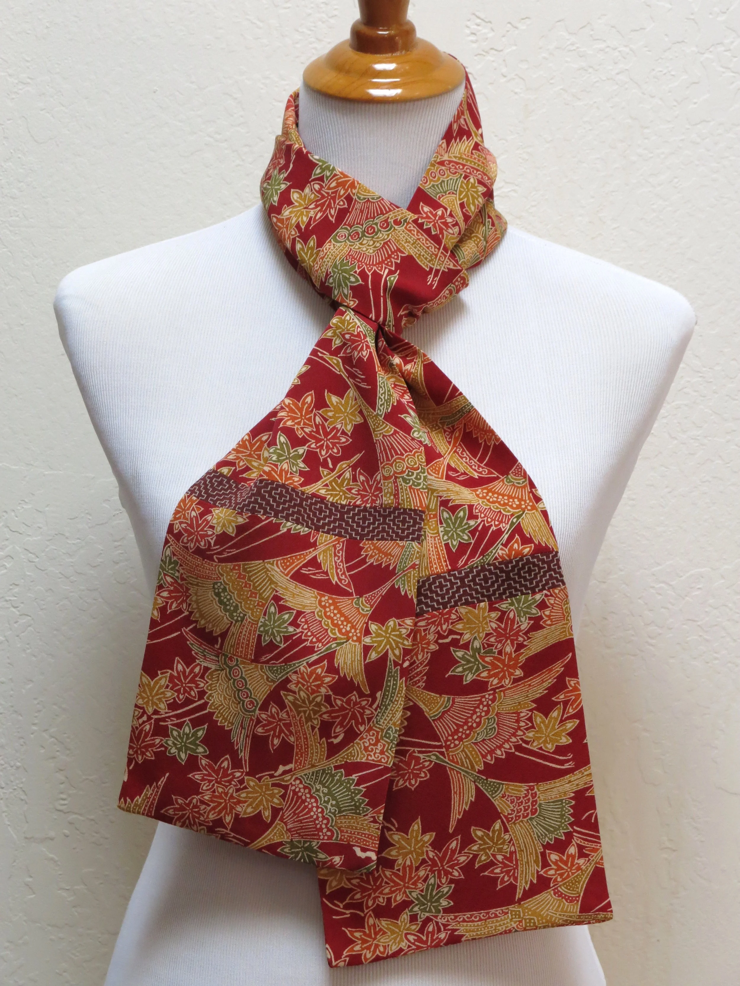 Dark Red Cranes Straight Silk Scarf