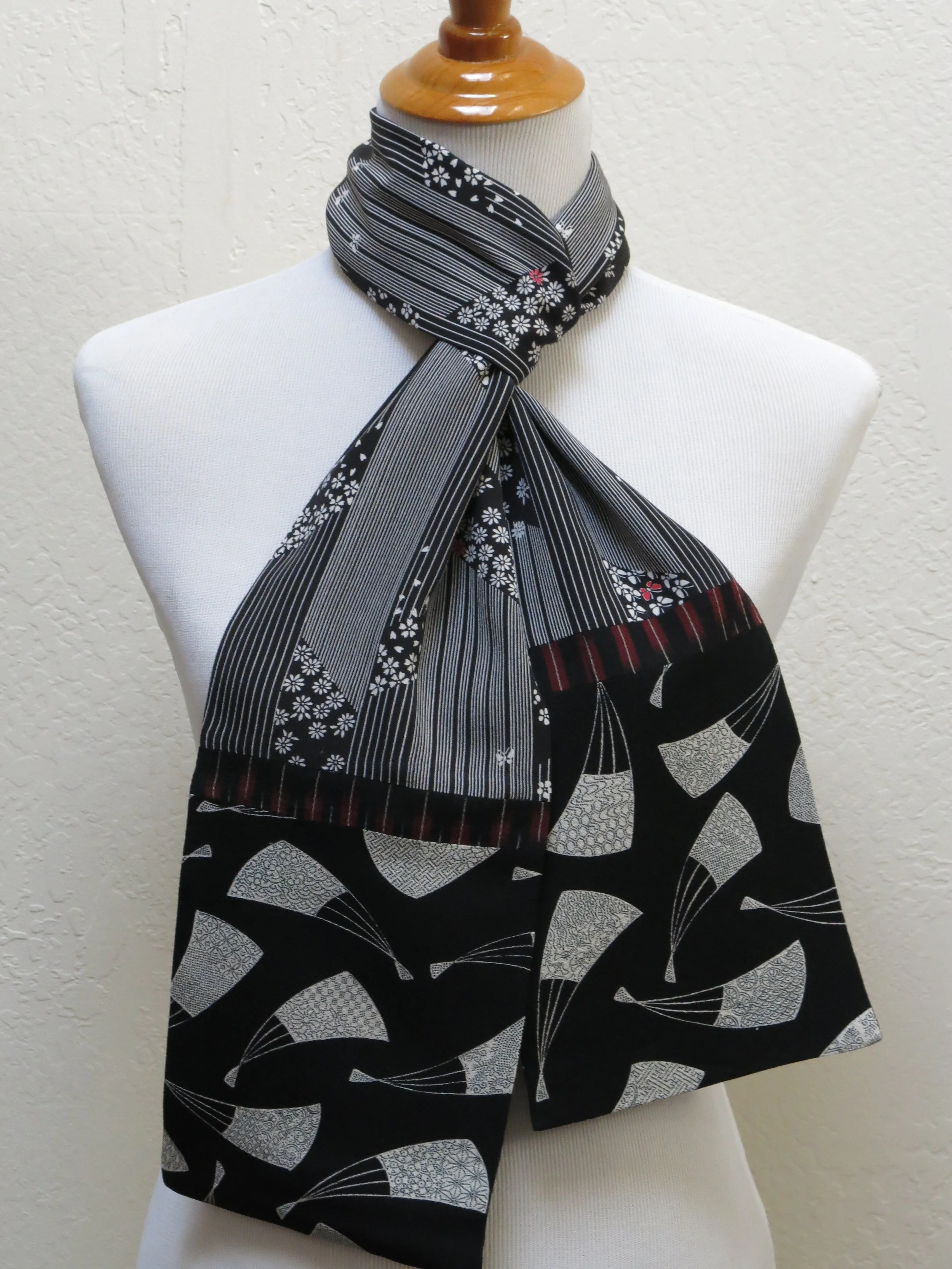 Black Stripes and Fans Straight Silk Scarf