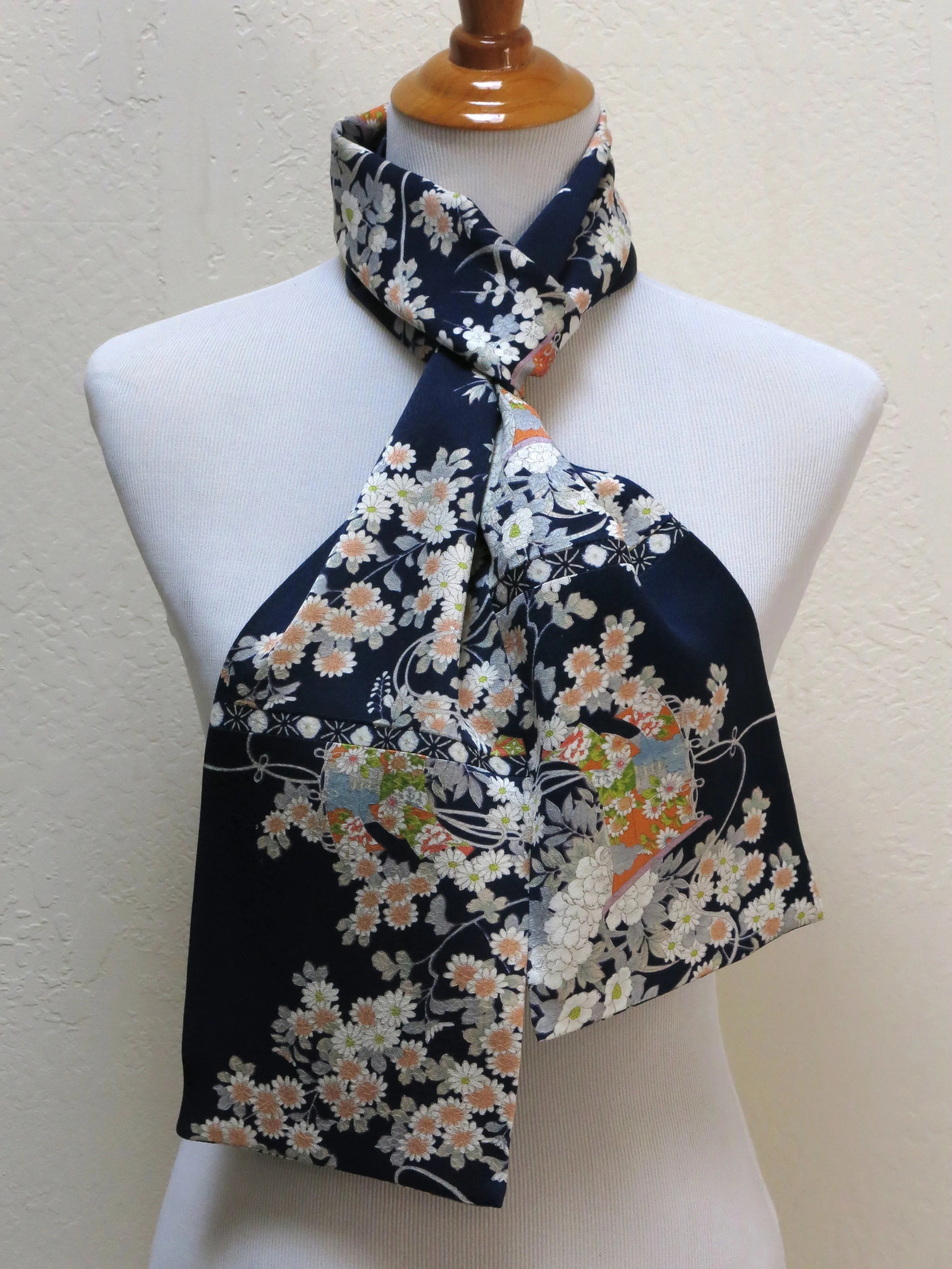 Navy Floral Straight Silk Scarf