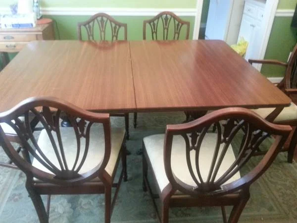 Dining Table and 6 chairs $170 - These shield back chairs are gorgeous. $170 for the table and the chairs is a great price, I think this set could be used as is or painted. To see some examples of painted shield back chairs visit my Pinterest page . 