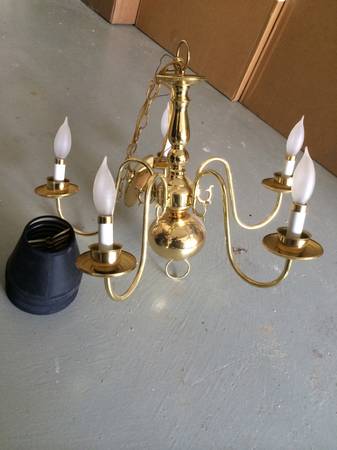 Brass Chandelier with Black Shades $25 - Would be a great one to paint. Visit my Pinterest page for examples of painted brass chandeliers. 