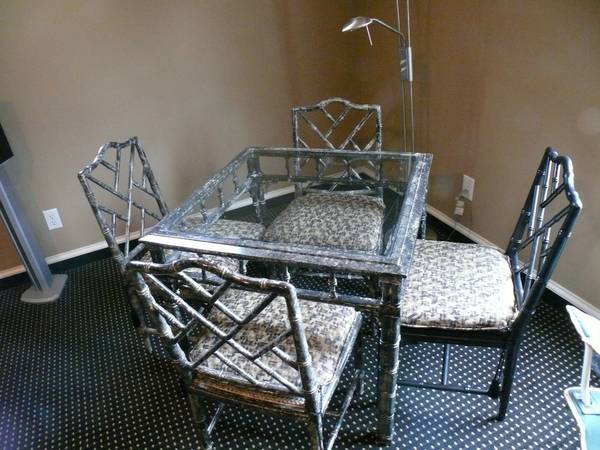 Bamboo Chippendale Chairs and Table $300 - I do not love the finish of these chairs but the chairs itself are fabulous, they just need a coat of spray paint (and the table too). Visit my Pinterest page to see several examples of these chairs painted. 