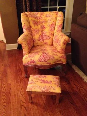 Toile Chair and Foot Stool $125 - This antique chair has been reupholstered with a red and yellow toile fabric. 