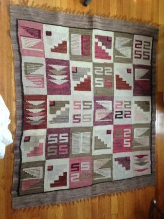 Vintage Rug $80 - I like the pattern of this rug and since it is smaller I think it would be a great one to hang on the wall. Also thinner rugs like this one can also be used like fabric to reupholster a seat cushion or a headboard. 