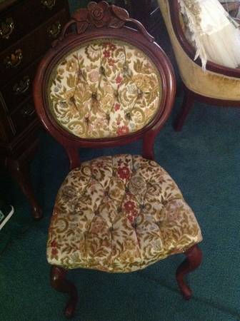 Antique Victorian Chair $100 - I posted a sofa similar to this a few weeks ago. A great way to modernize this chair would be to paint the wood portion. 
