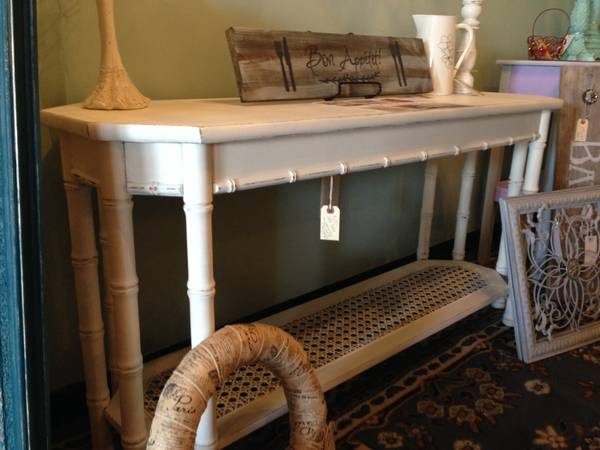 Sofa Table with Faux Bamboo and Cane accents $125 - This piece has already been redone. It's being sold at La vie en Rose Cottage in Lenox Village Shopping Center. 