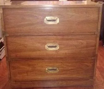 Campaign Style Three Drawer Chest $60 - Campaign style furniture is popping up everyone and is really in right now. This is a great price and would look good as is or painted. See some examples on my Pinterest page . 