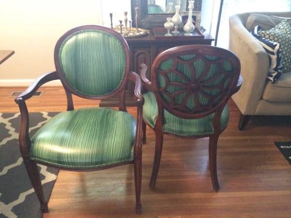 Pair of Antique Chairs $100 - I love the detailing on the back of these chairs - the wood could easily be painted.