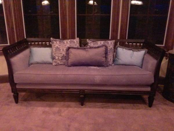 Rachlin Classics Sofa $600 I think this is a really pretty sofa however it is not photographed well. According to the seller the wood is a dark brown and the fabric is a soft gray with blue accents. Based on what I can find about this brand of sofa they start at $1,500 so this is a good deal. Don't love the dark brown color? You could always paint the wood white or off white. View on Craigslist