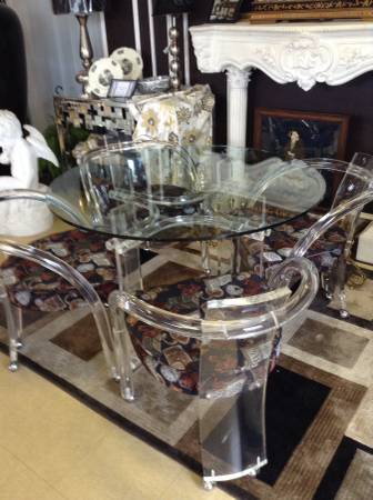 Vintage Lucite Table and Chairs $1495 I would by no means consider this a bargain, I do think this is a fair asking price based on other pieces I've seen. This a great modern looking set and is really a standout piece. The seat cushions definitely need some new fabric. View on Craigslist 