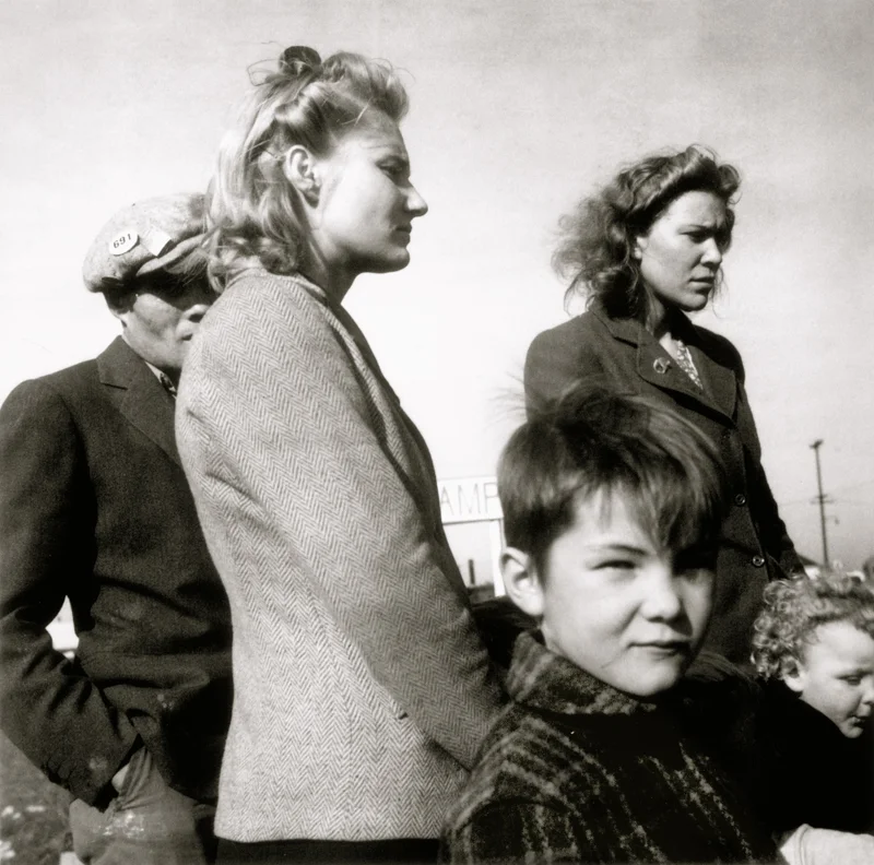 Dorothea Lange, Shipyard Worker and Family in a Trailer Camp, Richmond, California , 1942