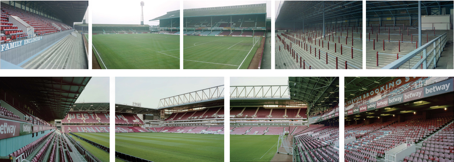 Above: Panorama of the Boleyn Ground as seen from the Chicken Run terrace, 1990 Below: Same vantage point, 2016