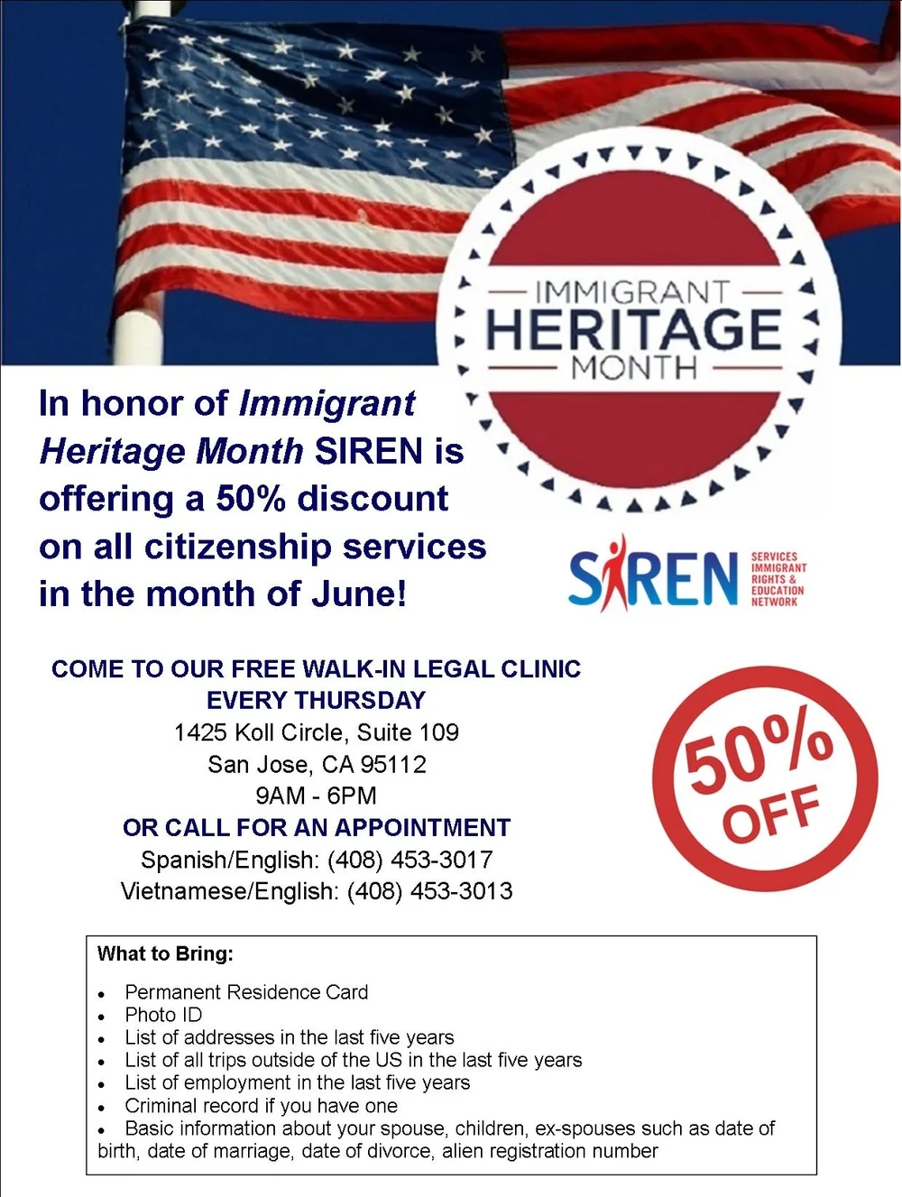 It's Immigrant Heritage Month and SIREN is Celebrating with 50% OFF All Citizenship Services in June!