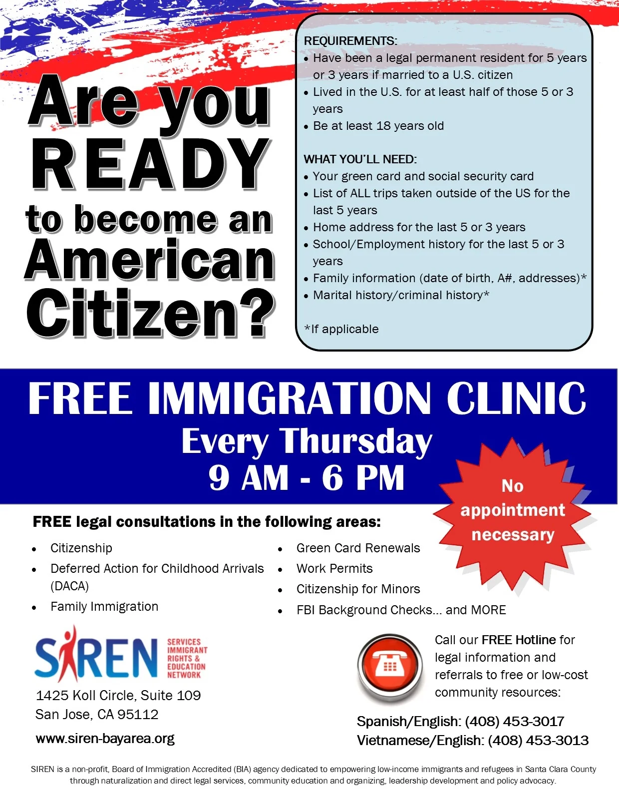Apply for Citizenship Now! Visit Our FREE Weekly Clinic