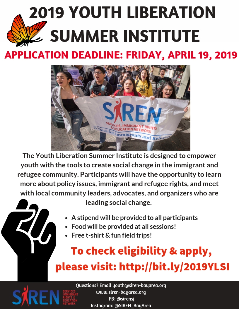 DEADLINE EXTENSION 5/7! -SIREN's 2019 Youth Liberation Summer Institute (YLSI) application is open! Deadline to apply 