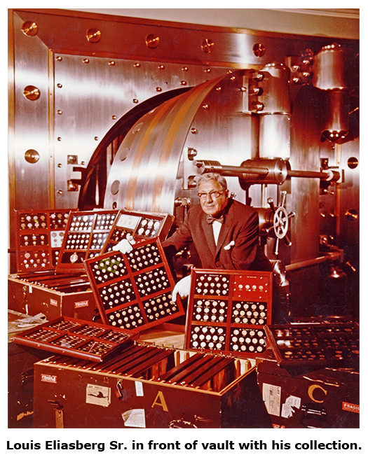 Louis Eliasberg Sr. poses with his collection in front of his vault