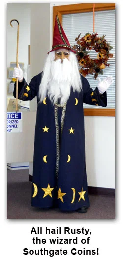Southgate Coins owner Rusty Goe dresses as a wizard for Halloween 2011