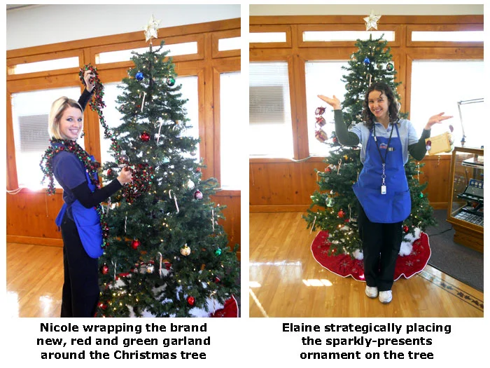 Coin shop team members Nicole and Elaine decorate the store for the holidays