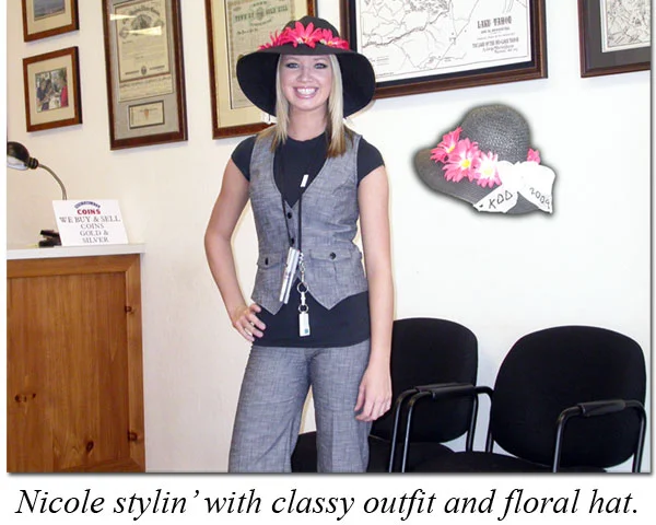 Nicole dressed in a pantsuit for Kentucky Derby Day at the coin shop