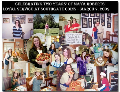 Southgate Coins employee Maya Roberts receives a collage poster for her 2 year anniversary