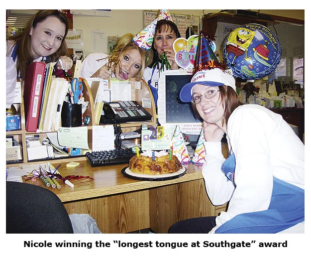 Nicole Hoff brings out her tongue for Crystal’s birthday at the coins shop