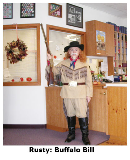 Southgate Coins owner Rusty Goe dresses as Buffalo Bill for Halloween