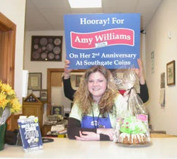 Amy Williams is honored on her 2nd anniversary at Southgate Coins