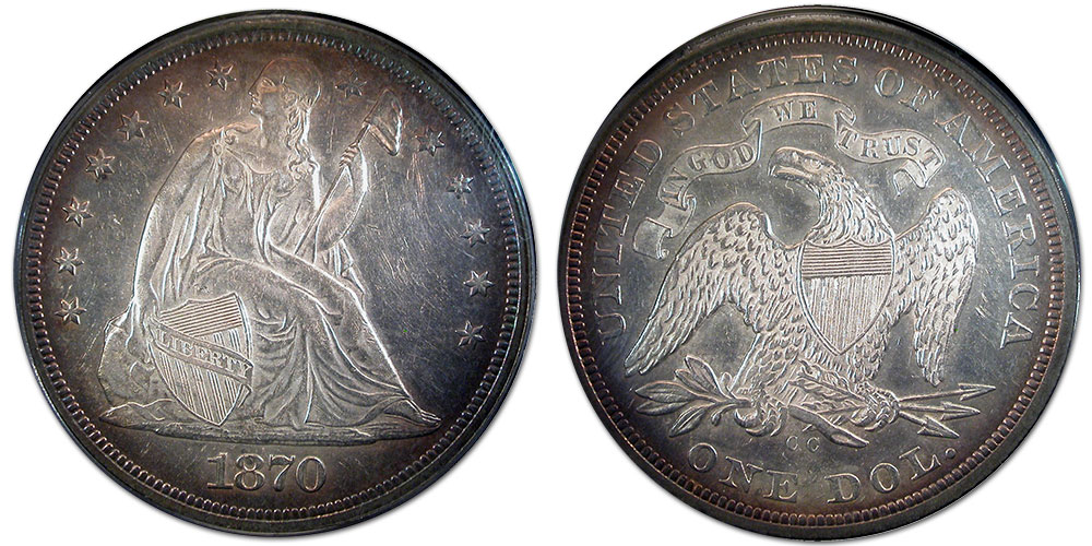 A beautiful 1870-CC Seated Liberty silver dollar at Southgate Coins