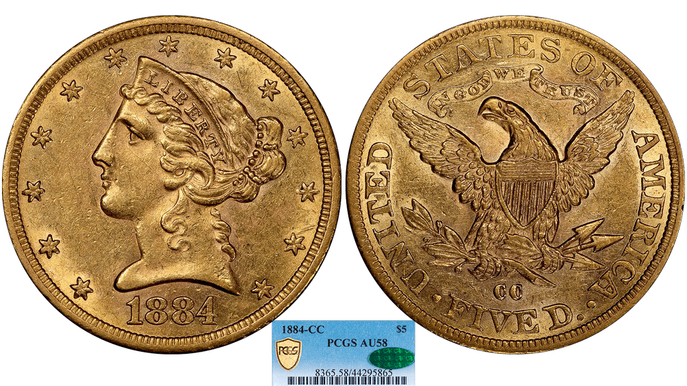 1884-CC-$5-PCGS-AU-58-CAC-