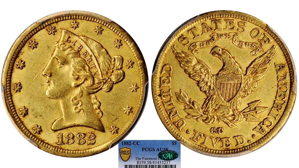 1882-CC-$5-PCGS-AU-58-CAC-