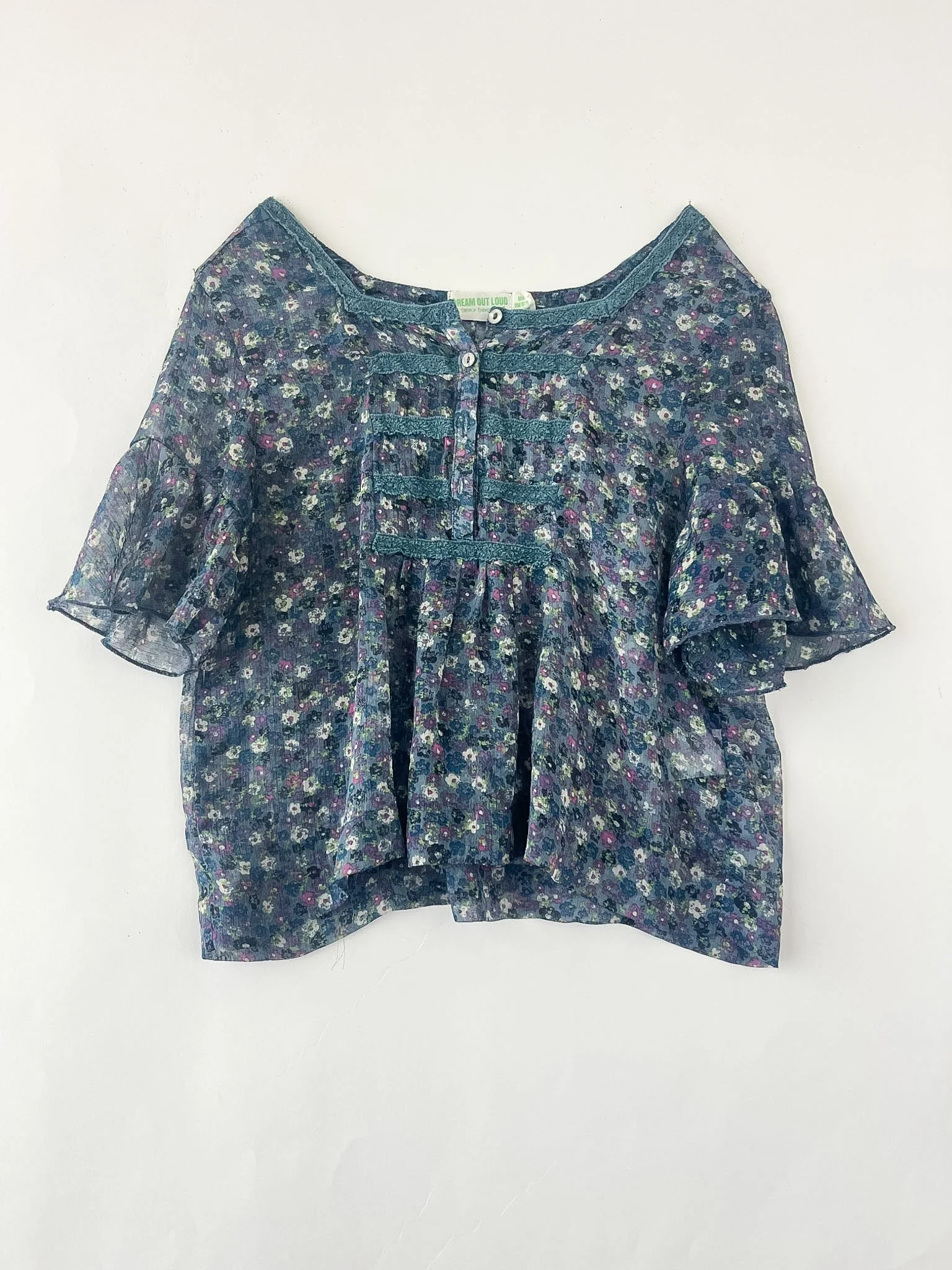 Blue Floral Ruffle Sleeve Blouse