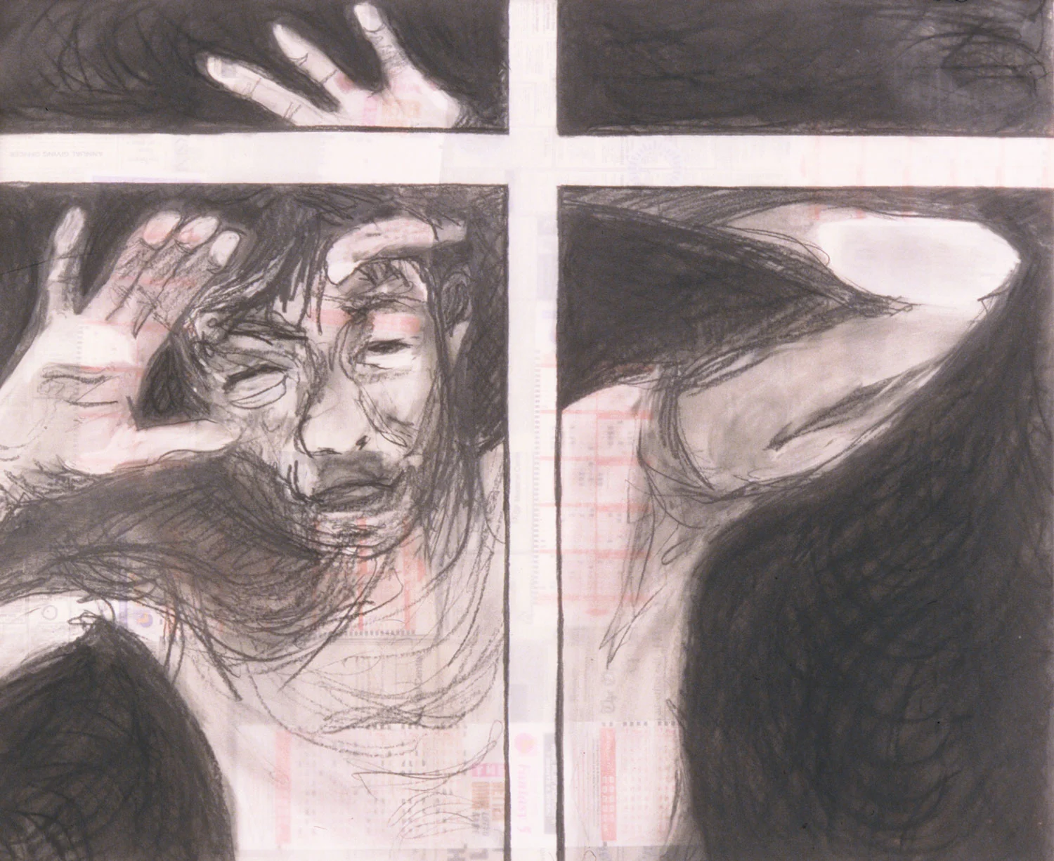 Human Lottery , 34 x 29", Charcoal on Drafting Film, Collage, 2003