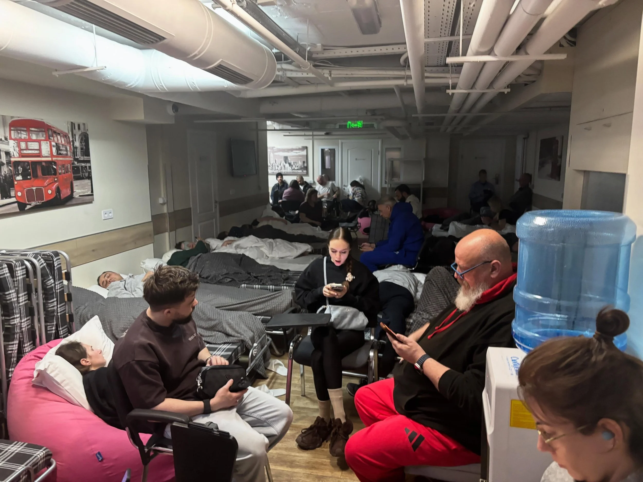 Tonight in Kyiv tells a very different story. A mass missile attack at 3AM and EVERYONE is in the shelter as the ground is rocked by explosions. Some people have been here all night, some (like me) were late arrivals. Everyone is calm, the lights are