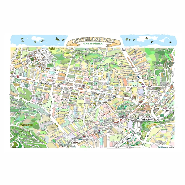 colorful Highland Park CA illustrated map