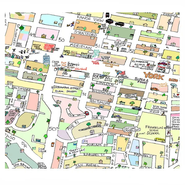 zoom of colorful Highland Park CA illustrated map York Blvd area