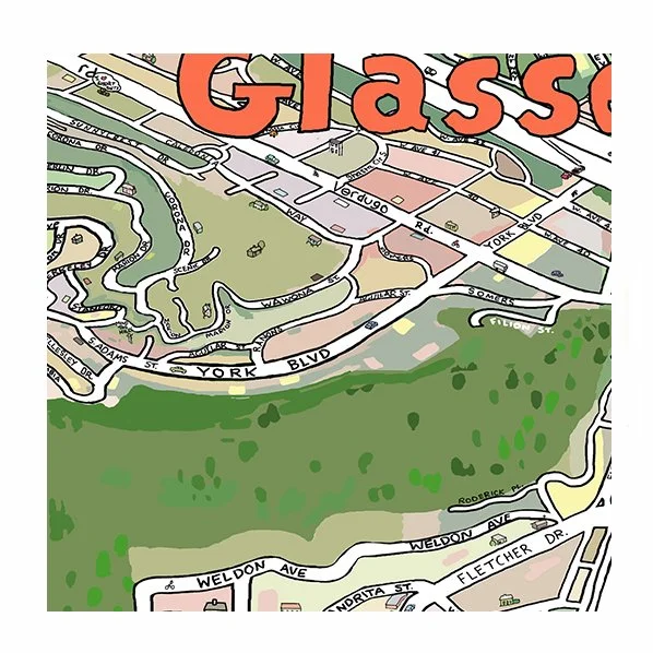 zoom of colorful Glassell Park CA illustrated map York Blvd Verdugo Blvd area
