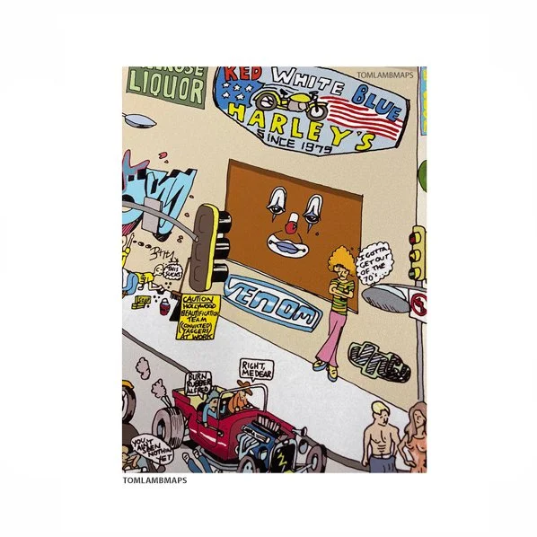 zoom of colorful Melrose Ave Los Angeles CA illustration featuring Venom, liquor, and Harley