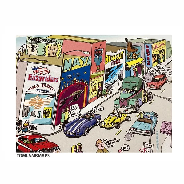 zoom of colorful Melrose Ave Los Angeles CA illustration featuring tattoo, Maya, and Doc Martens