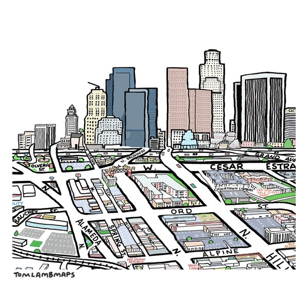 zoom of Chinatown L.A. illustrated map Hill and Chavez area