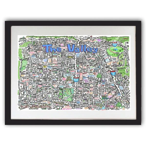 black framed colorful The Valley CA illustrated map