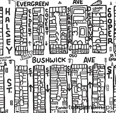zoom of black and white Bushwick NYC illustrated map Bushwick Ave area