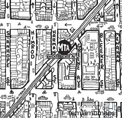 zoom of black and white Bushwick NYC illustrated map Bleeker St area