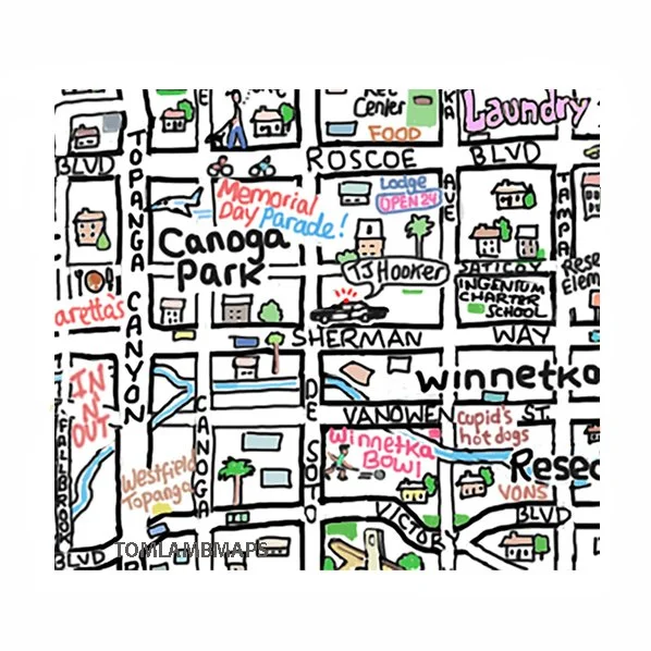 zoom of colorful The Valley CA illustrated map Canoga Park area