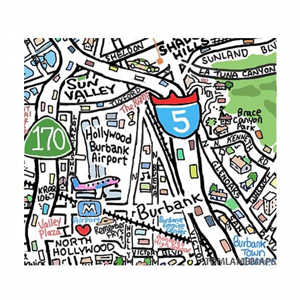 zoom of colorful The Valley CA illustrated map Burbank Airport area