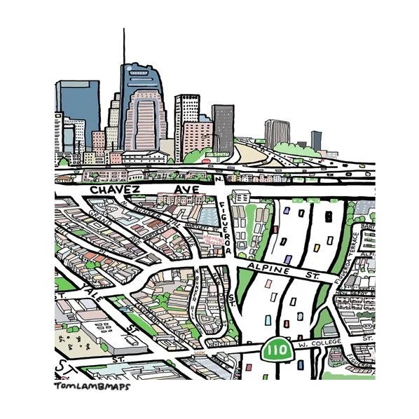 zoom of Chinatown L.A. illustrated map Figueroa and Chavez area