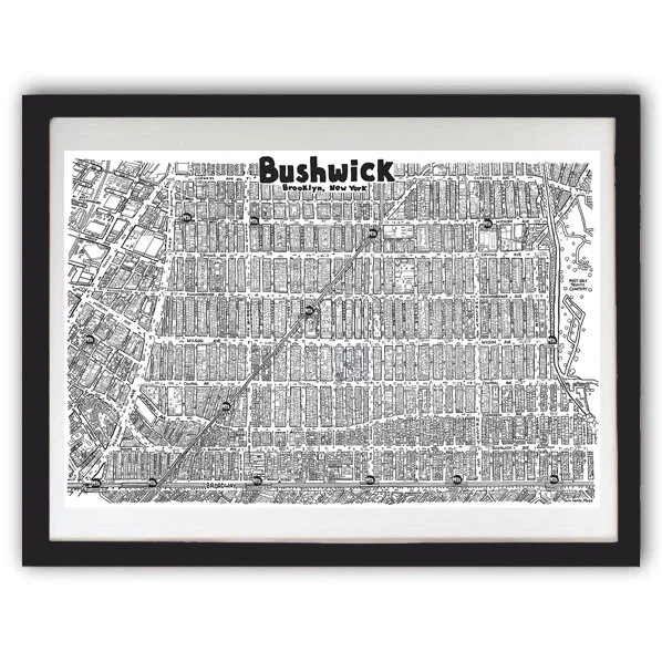 black and white framed Bushwick NYC illustrated map